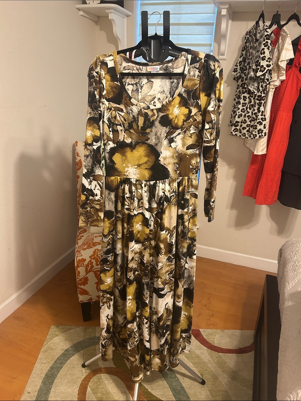 LuLaRoe Ryane Long Sleeve Maxi Dress in Mustard, Black, White